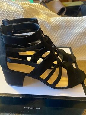 Nine West Black Gladiator Mid Block Heel Sandals